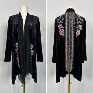 Andrée by Unit Black Velvet Embroidered Boho Kimono Jacket Cardigan M Luxe